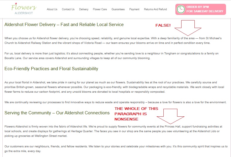 Misleading Florist Websites Claiming Aldershot Location